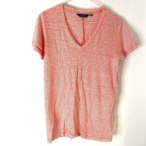 Vineyard Vines Coral Rose Stripe Linen V Neck Tee White Lightweight Summer Top
